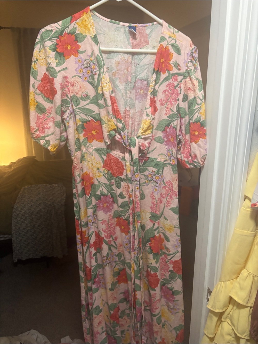 Old Navy Pink Floral Tie-Front Maxi Dress with Puff Sleeves